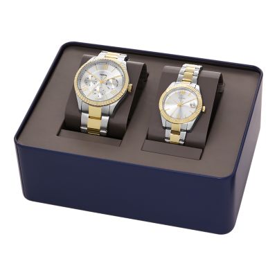 His and Hers Multifunction Two-Tone Stainless Steel Watch Set