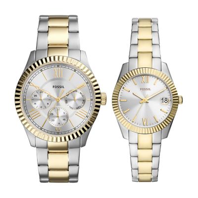 Coffret montres multifonction en acier inoxydable bicolore pour Elle et Lui