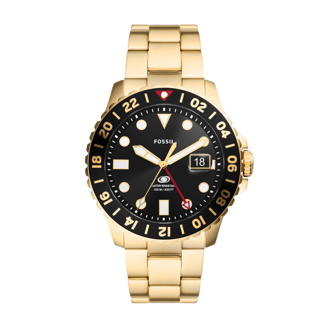 Fossil Mens Blue Gmt GoldTone Stainless Steel Watch  Gold