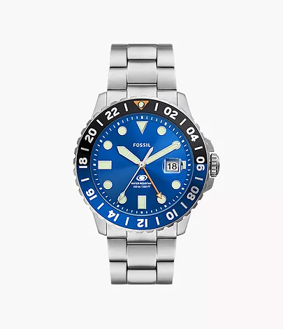 A stainless steel Fossil Blue GMT watch with a blue dial