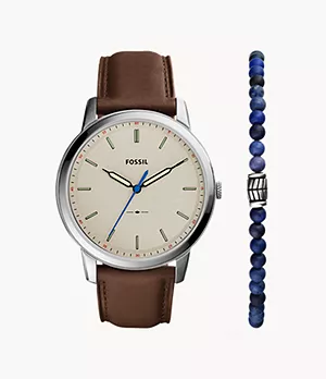 Coffret avec montre Minimalist à trois aiguilles en cuir brun et bracelet