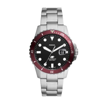 Blue - Three-Hand Date Stainless Watch Dive - Station Watch Fossil Steel FS6013