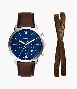 Coffret avec montre chronographe Neutra en cuir brun et bracelet