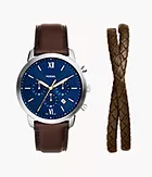 Coffret montre Neutra chronographe, en cuir, marron, et bracelet