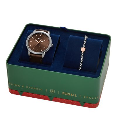 FS6019SET Leather and Minimalist Watch Fossil Box - Brown Three-Hand - Set Bracelet