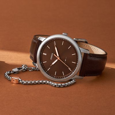 and Station Watch Three-Hand Bracelet Leather Set Watch Minimalist - Brown - Box FS6019SET