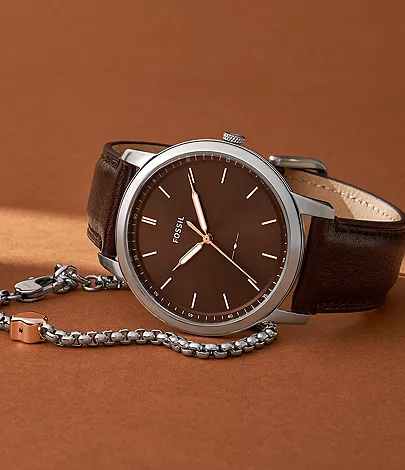 Minimalist Three-Hand Brown Leather Watch and Bracelet Box Set - FS6019SET  - Watch Station
