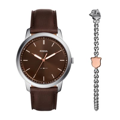 Minimalist Three-Hand Brown Leather Watch And Bracelet Box Set