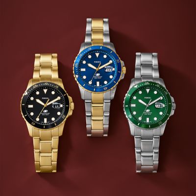 Blue Fossil Steel Dive - - Gold-Tone Three-Hand Stainless Date Watch Fossil FS6035