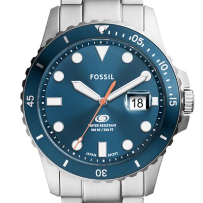 Montre Fossil Blue Dive à trois aiguilles avec date, en acier inoxydable