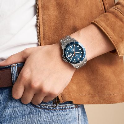 Reloj Fossil Blue Dive de acero inoxidable con tres agujas y fecha