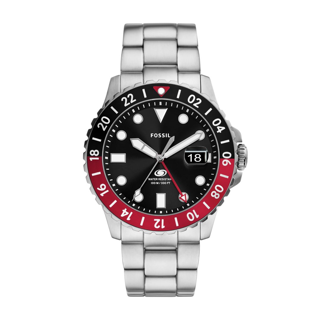 Fossil Mens Blue Gmt Stainless Steel Watch  Silver