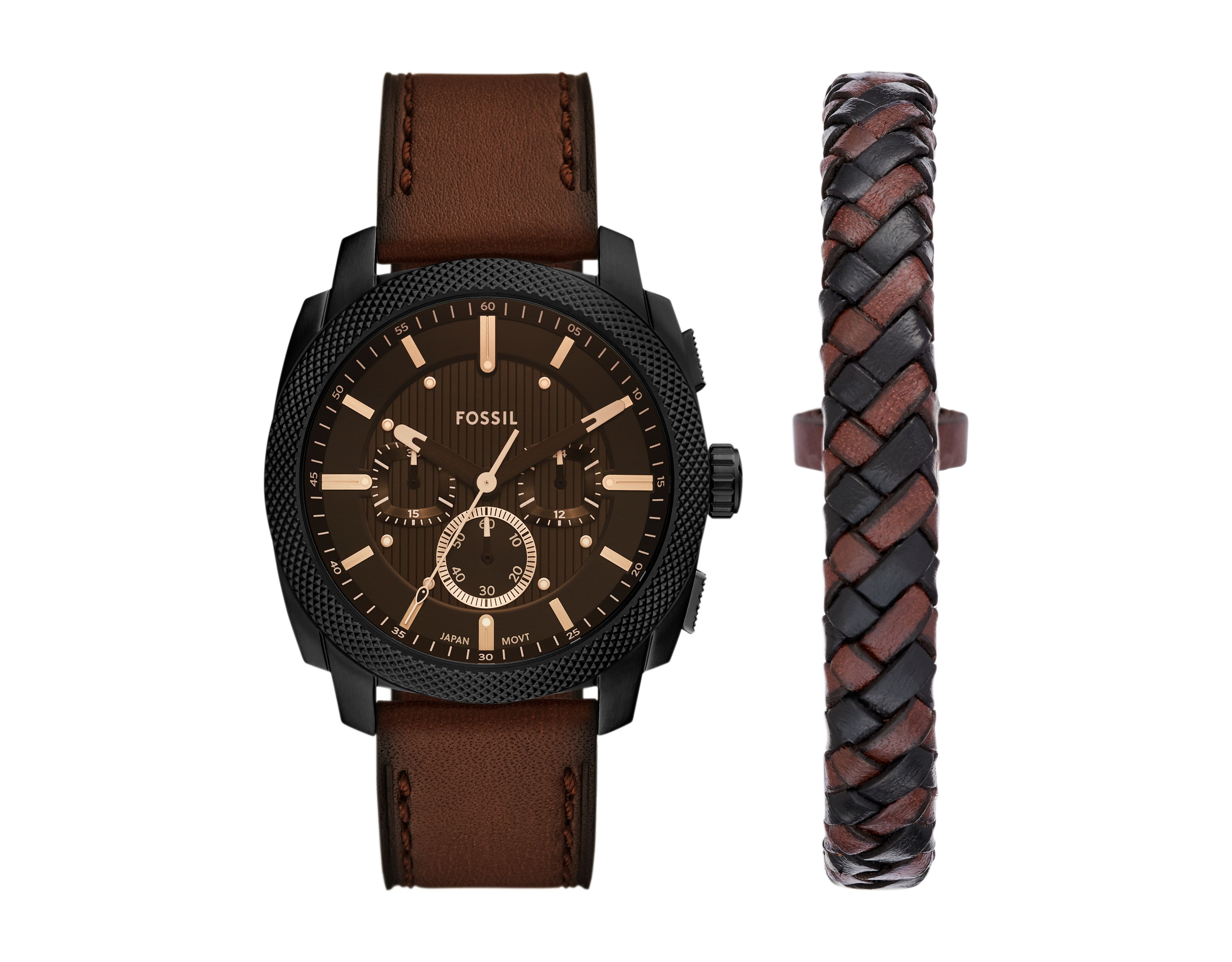 Machine 44mm Chronograph Brown Leather Watch and Bracelet Set