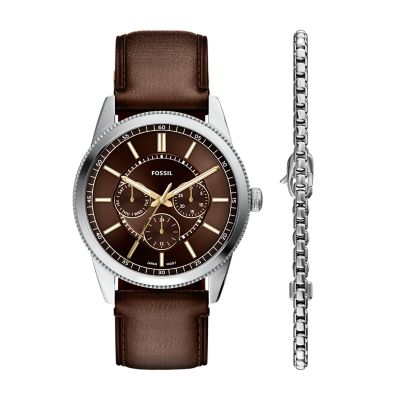 Multifunction Brown Leather Watch and Bracelet Gift Set