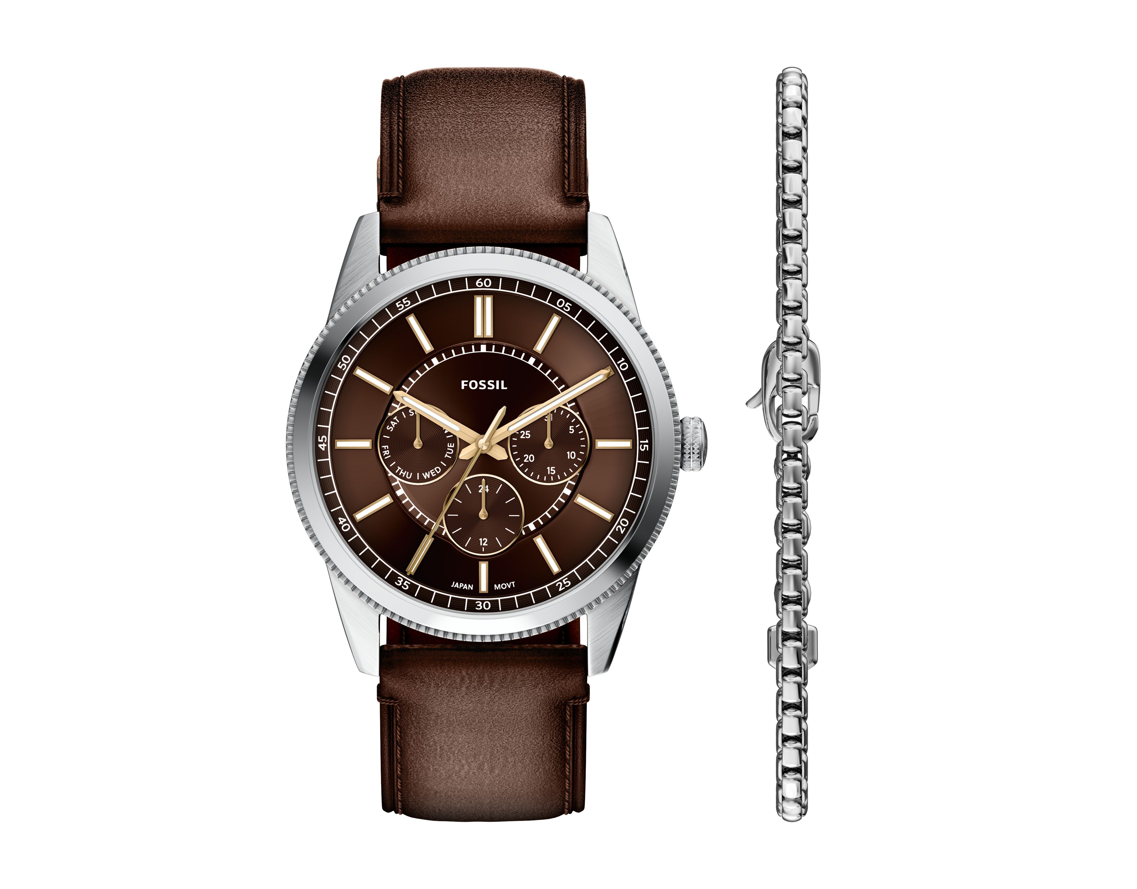 Multifunction Brown Leather Watch and Bracelet Gift Set