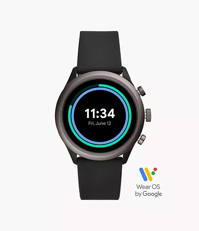 Fossil Sport Smartwatch, Black Silicone with round dial and there is bl;ur colour boundary