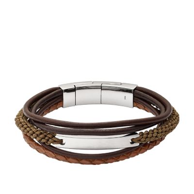 Multi-Strand Silver-Tone Steel and Brown Leather Bracelet - JF03323040 -  Fossil