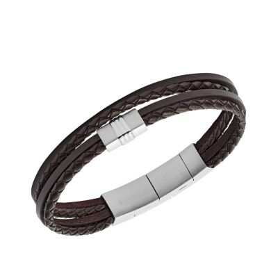 Wide bracelet made of synthetic dark brown leather, braided pattern, cut  surface