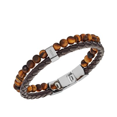 Tiger's Eye and Brown Leather Bracelet - JF03118040 - Fossil