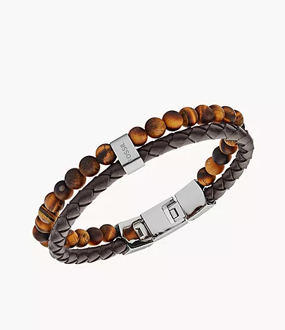 Tiger\'s Eye and Brown Leather Bracelet - JF03118040 - Fossil