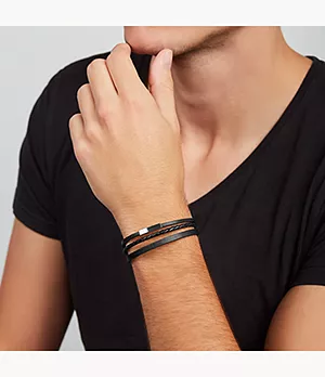 Herren Armband - Multi-Strand Steel and Black Leather Bracelet
