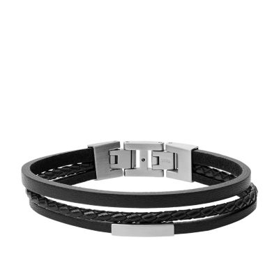 Bracelet En Cuir Noir Et En Acier Inoxydable Ton Argent à Rangs Multiples