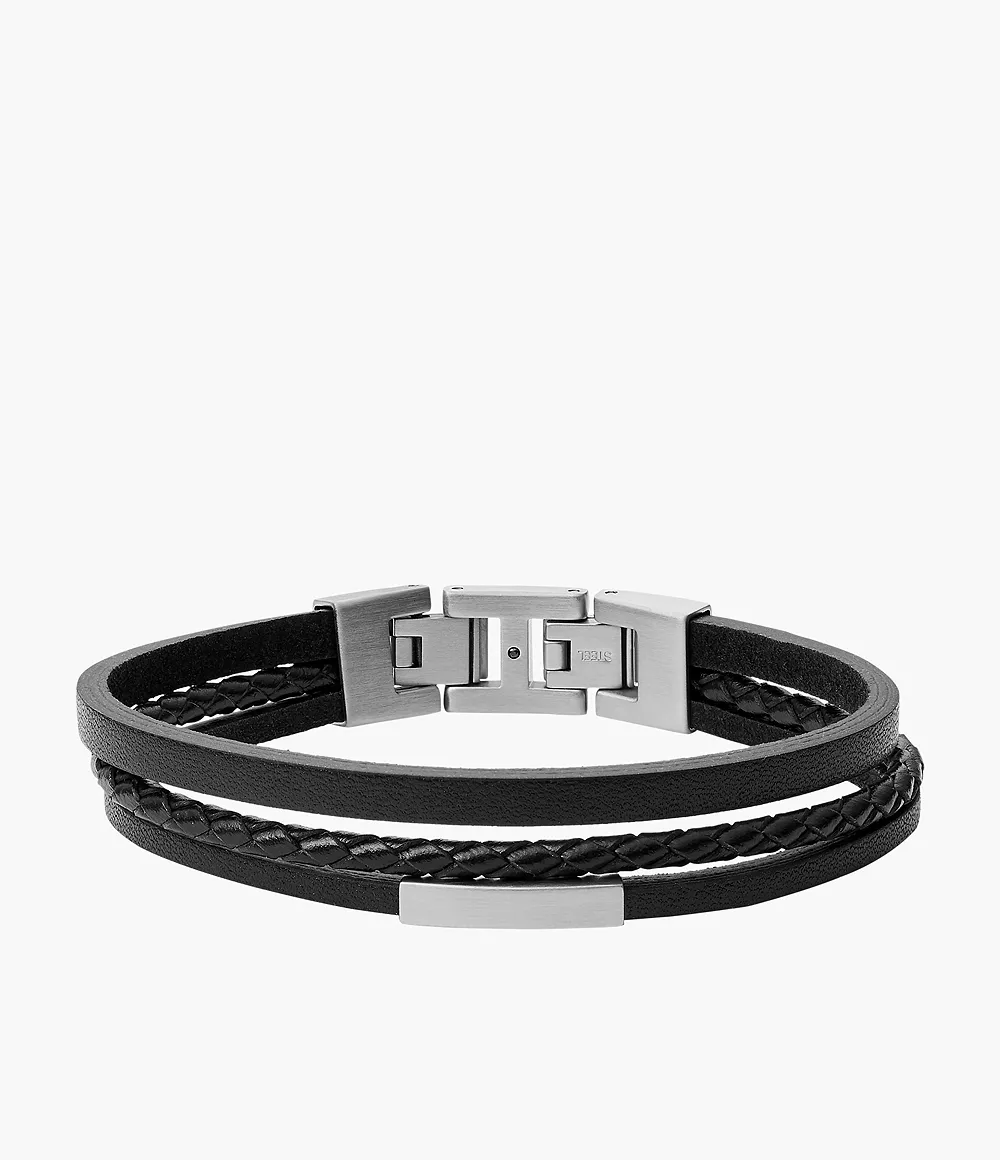 Image of Multi-Strand Silver-Tone Steel and Black Leather Bracelet