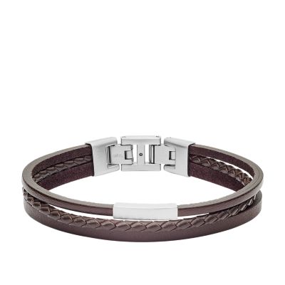 Bracelet En Cuir Brun Et En Acier Inoxydable Ton Argent à Rangs Multiples