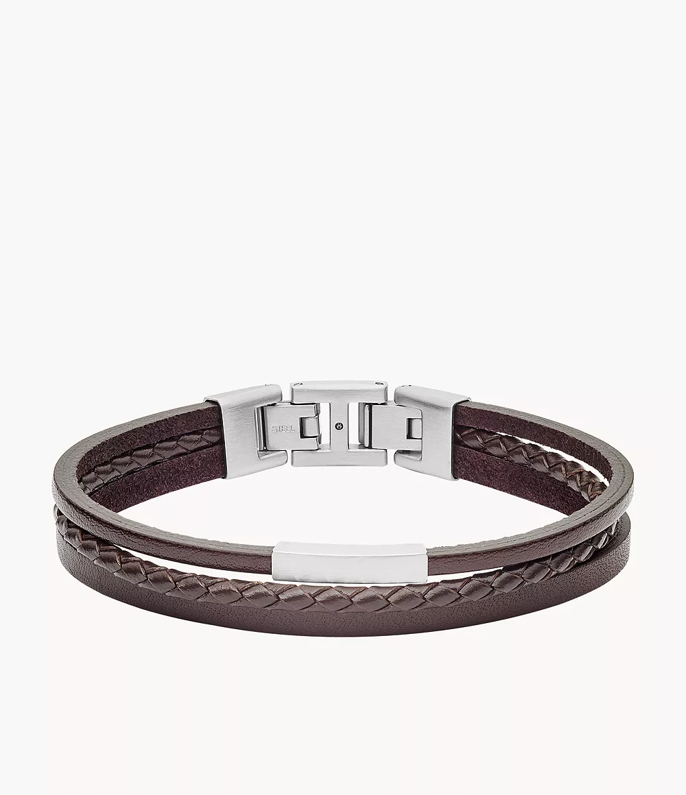 Image of Multi-Strand Silver-Tone Steel and Brown Leather Bracelet