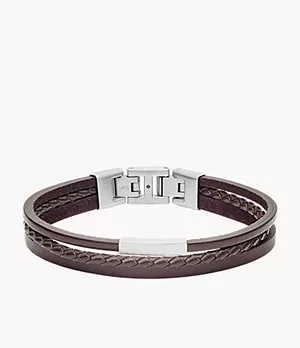 Bracelet multi-rangs en cuir brun et acier argenté