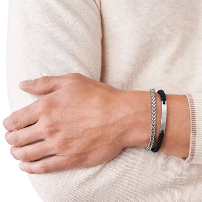 Bracelet à deux rangs en acier ton argent et en nylon