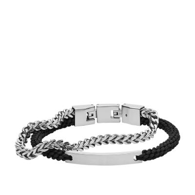 Bracelet à deux rangs en acier ton argent et en nylon