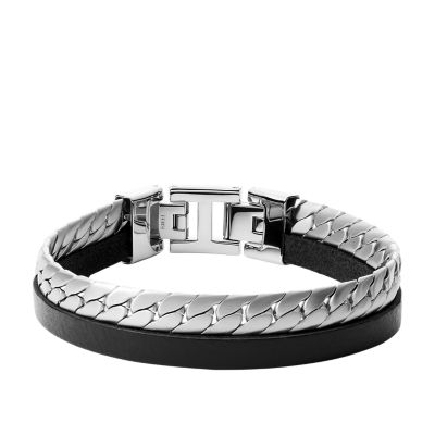 Fossil Homme Bracelet multi-rangs Caravan en acier inoxydable et en cuir -Argenté