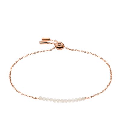 Punto Violín Pegajoso Pulsera de acero inoxidable en tono oro rosa con abalorios de cuarzo rosa