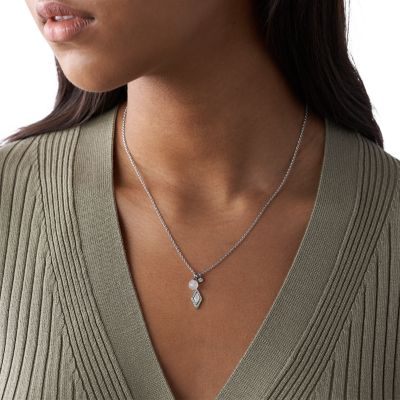 Be Iconic Off-White Agate Stainless Steel Pendant Necklace - JF03660040 -  Fossil
