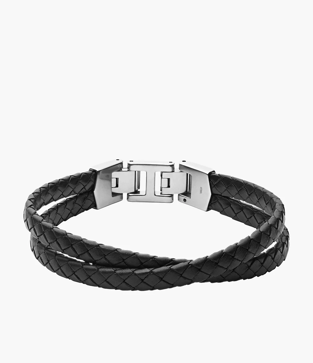 Fossil Homme Bracelet multi-rangs Leather Essentials en cuir noir -Noir
