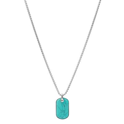 Fossil Tranquil Summer Turquoise Blue Stainless Steel Dog Tag Necklace