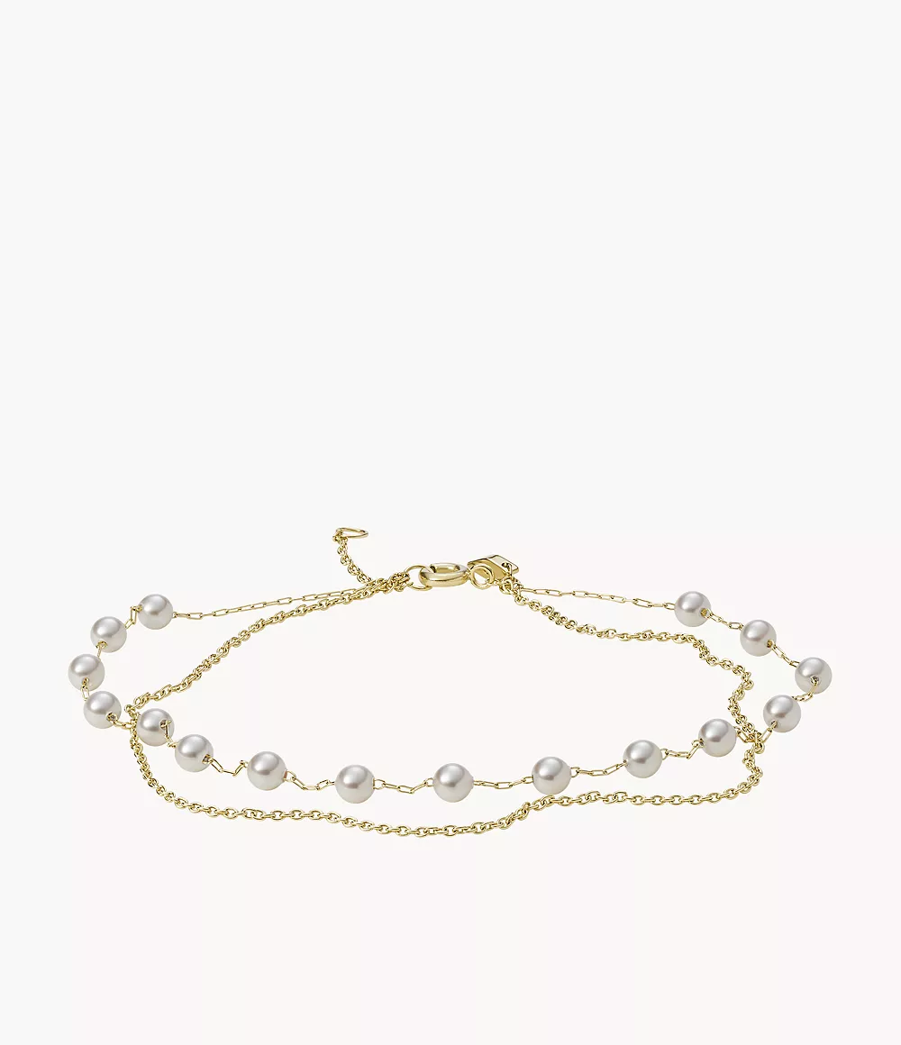 Fossil Women's Summer Essentials Glass Pearl Stainless Steel Multi-Strand Anklet - White Glass Pearl
