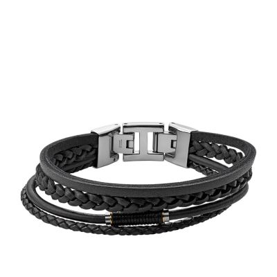 Fossil Men's Vintage Casual Black Leather Multi Strand Bracelet - Black