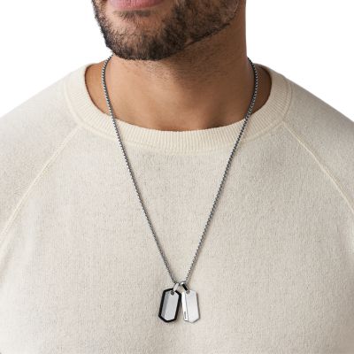 Fossil Men's Chevron Stainless Steel Dog Tag Necklace - Silver