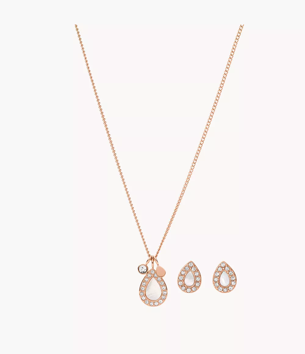 Fossil Women's Stevie Classics White Mother-of-Pearl Necklace and Earrings Set - Rose Gold-Tone