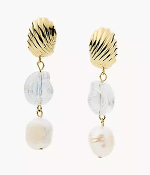 Orecchini pendenti in acciaio color oro con perle bianche