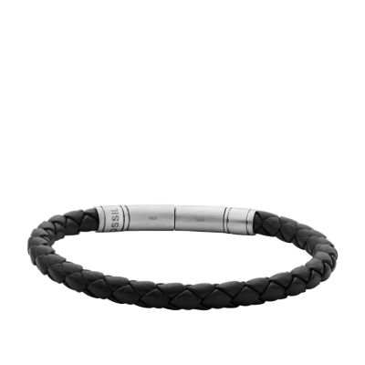 Fossil Brown Leather & Stainless Steel Braided Bracelet One-Size