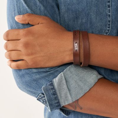 Heritage Double Wrap Brown Leather Strap Bracelet JF04127200