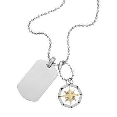 Sutton Compass Stainless Steel Necklace Fossil JF04208998 Dog Tag - 