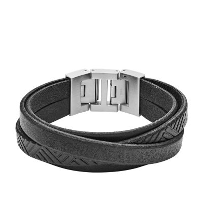 Fossil Men Black Leather Wrap Bracelet