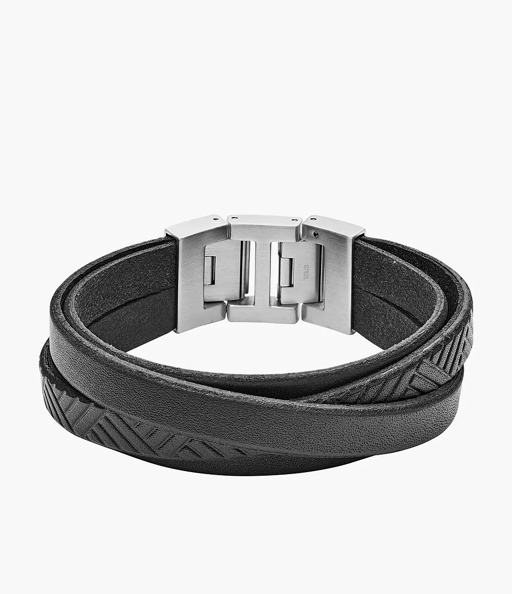 Fossil Men Black Leather Wrap Bracelet