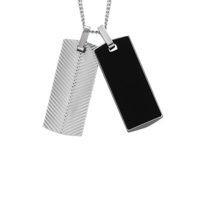 Stainless Steel Black Carbon Fiber Wood Inlay Reversible Dog Tag 22 inch Ball Chain Necklace