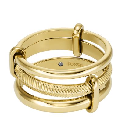 Prestack Harlow - Texture - Stainless Fossil JF04593710004 Linear Steel Ring Gold-Tone