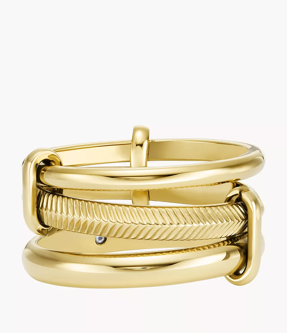 Prestack Ring Steel JF04593710004 - Harlow - Linear Gold-Tone Fossil Texture Stainless